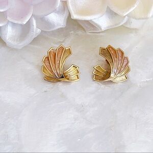 Vintage Gold Tone Enamel Fan Shape Large Earrings